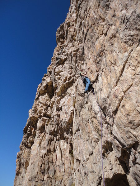 The start variation up the 10+ crack. The original start works up the dihedral about 20 feet to my left and underclings out the crack at the same height as I am.