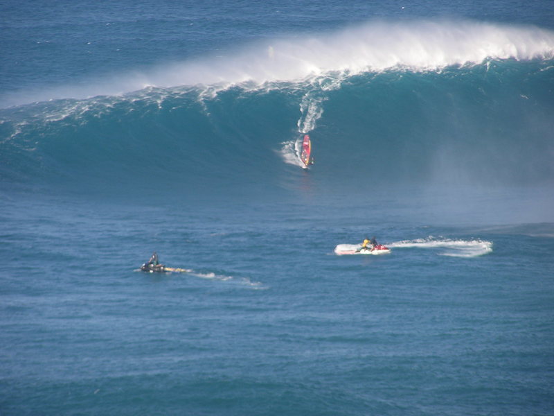 Kai Lenny dropping in at "Jaws" on his windsurfer.Photo: Olaf Mitchell