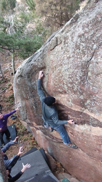 Paradigm Shift, V6. Hard to Find, harder to ascend. Great problem. <br>
Climber Pete Zoller, FA Ryan Fields.
