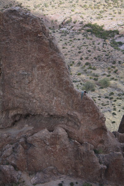 Climbers on The Hand as viewed from the summit of The Tower