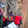 Excellent bivy ledge on Prodigal Sun, Zion National Park.  We fixed to further up and discovered that this was the primo spot!  