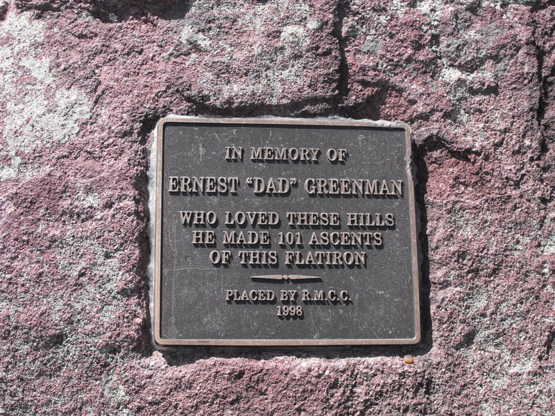 Ernie Greenman's plaque at the summit. He joined the RMCC around 1913 and all but single handedly built the Royal Arch Trail.<br>
<br>
It is said he led his five year old daughter to this summit while "Ma" Greenman was visitin' kinfolk in Kansas.
