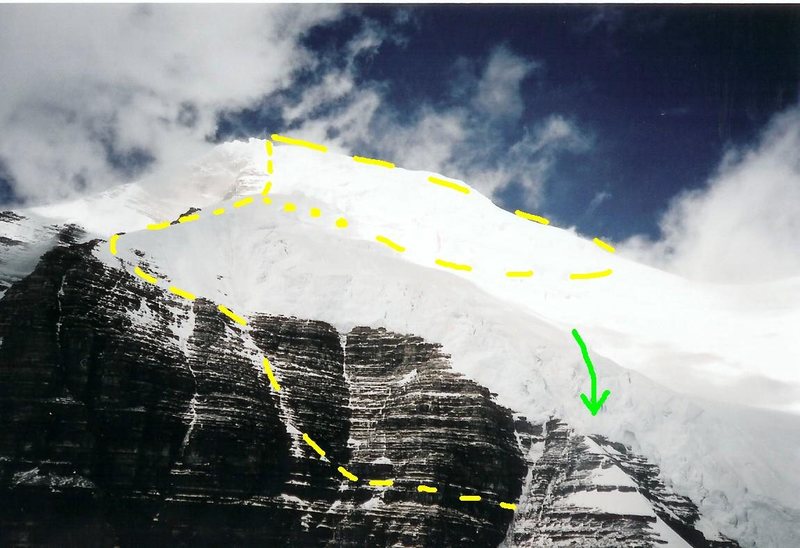 Schwartz Ledges<br>
Photographer Unknown<br>
<br>
Yellow dashes - The Southeast Face and Schwartz Ledges<br>
<br>
Green arrow - Some have descended the dangerous ice cliff via a 50 meter rappel, instead or reversing the ledge traverse or descending via the Kain.
