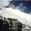 Schwartz Ledges<br>
Photographer Unknown<br>
<br>
Yellow dashes - The Southeast Face and Schwartz Ledges<br>
<br>
Green arrow - Some have descended the dangerous ice cliff via a 50 meter rappel, instead or reversing the ledge traverse or descending via the Kain.