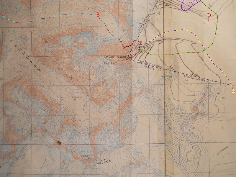 Plumb-Stutzman Route<br>
contour interval: 100 feet<br>
one mile grid<br>
pencil contours of Canada:<br>
500 feet and artistic<br>
<br>
red/blue - approach<br>
red/black - Plumb-Stutzman<br>
red/green - descent & return to basecamp. <br>
<br>
Red ? - Gnarly icefall, also climbed by Waterman on his solo.<br>
<br>
violet/yellow - suggestion for connecting an American landing zone to the Plumb-Stutzman, upper rib.<br>
<br>
Violet dots - recent looking mass wasting across return route, visible on Peak Finder.