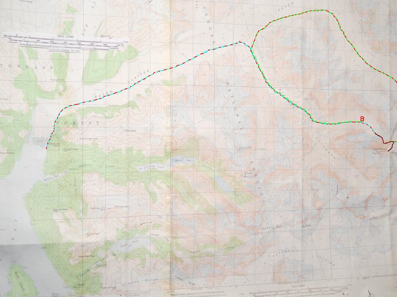 Plumb-Stutzman Approach<br>
contour interval: 100 feet<br>
one mile grid<br>
<br>
red "B" - basecamp<br>
<br>
red/blue - saltwater approach to basecamp.<br>
<br>
red/black - Plumb-Stutzman Route<br>
<br>
red/green - return route to basecamp