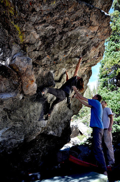 Me working the crux of DP, nice having tall spotters on this one. Photo credit Carly Finke, lighting by Axel Perchmann.