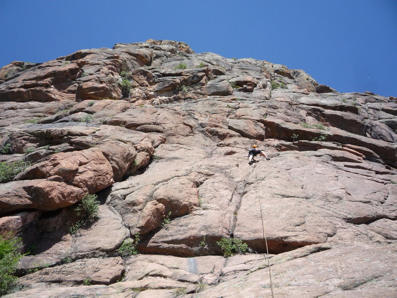 Approaching the crux roof on the first pitch.