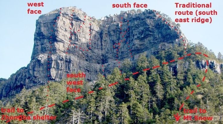 Mt Dabajian viewed from the south (at I Love You platform), the best view of all the routes on the south and south west faces