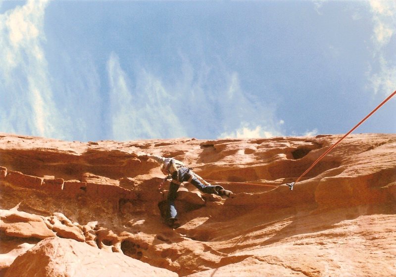 Project - Breaking the Law (5.10?) - Day 1<br>
<br>
starting the crux, January 1986. This is as much of the route as we could figure out on that first day.