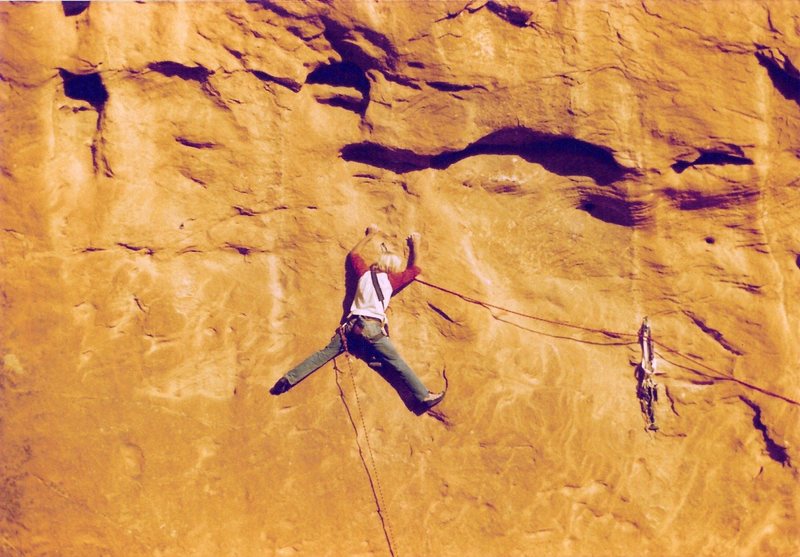 Project - Breaking the Law (5.10?) - Day 2<br>
<br>
working the thin holds, January 1986.