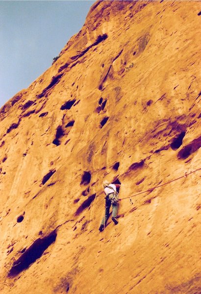 Project - Breaking the Law (5.10?) - Day 2<br>
<br>
Scotty on lead, January 1986.