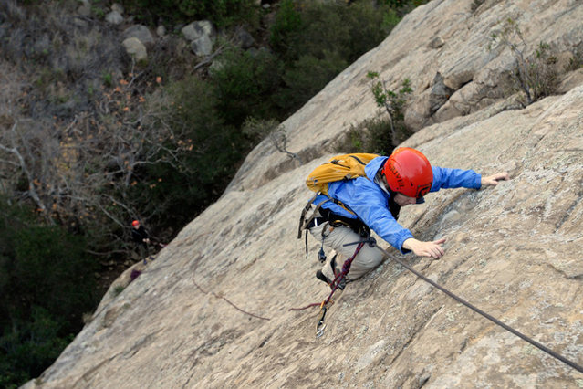 Carolyn Libuser climbs the Tigger Treat variation, high above San Ysidro Canyon.
