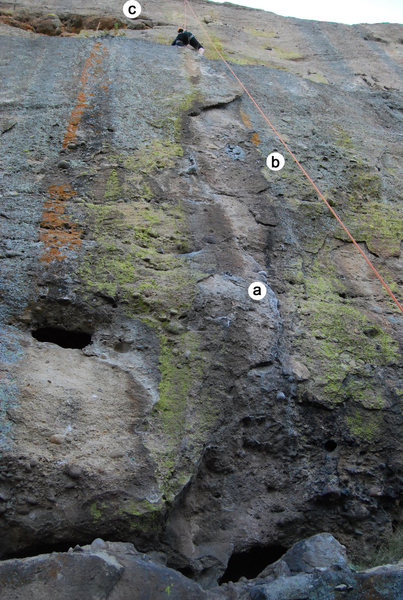 A is the start, lots of good chalked up areas, go for those, don't try to go right or anything, use the big pockets for your feet when you start.<br>
B is a tough part, there is a little hidden-ish hold to the right of that grey area, great finger pockets and such in there. C is really all rests... that ledge, easy then there is like a cave, easy. Have fun.