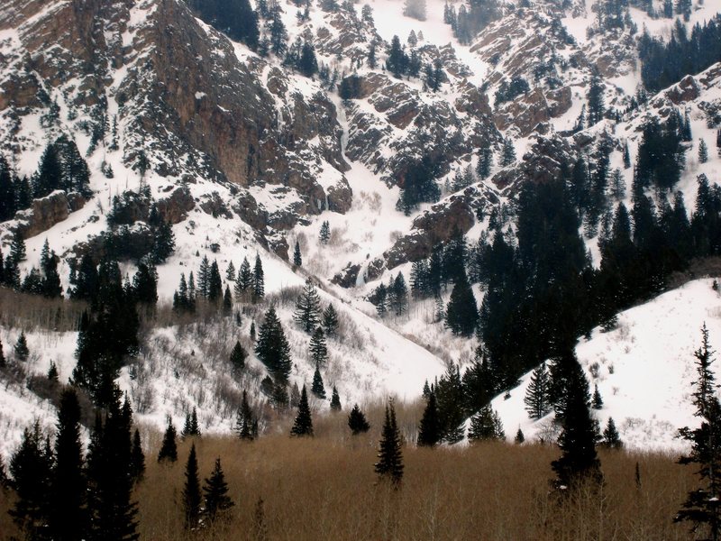 View of the ice climbing area near the West Coulior of Kessler in Mineral Fork