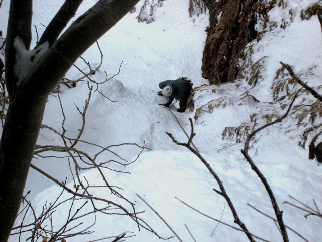 Matt clears the first steep bit on Mineral Fork ice. <br>
<br>
View from the rappel tree over the route.