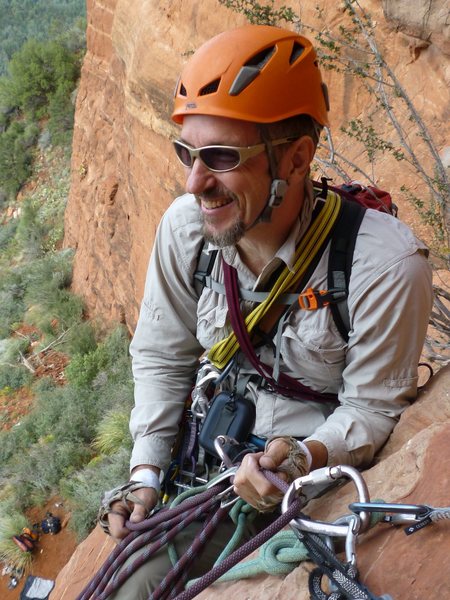 Enjoying a belay for the second pitch of 'Mars Attacks' in Sedona, AZ