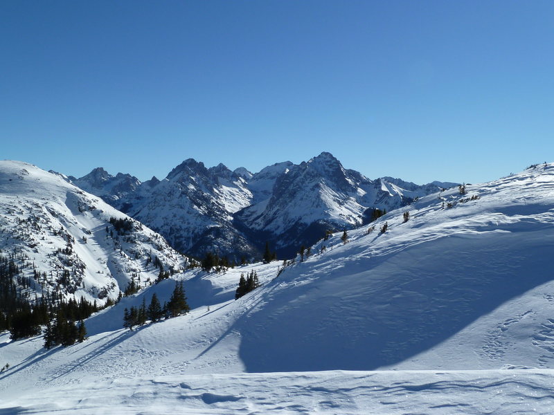 East Needles From the West Needles. Pigeon Peak is the prominent peak and The Index is left across the valley (Ruby Basin).