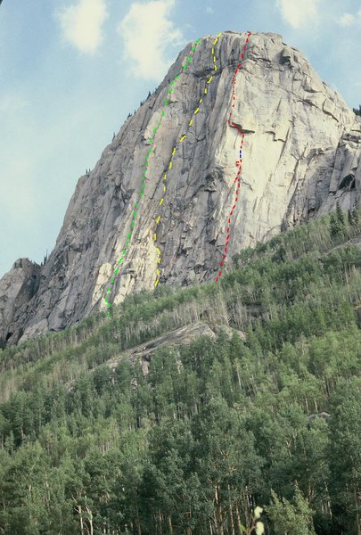 The Pope's Nose from Flint Creek Trail.<br>
KT Photo, 1980.<br>
<br>
Red - Contraceptive Cracks.<br>
Yellow - Chalice Wall approx.<br>
Green - Central Buttress.<br>
<br>