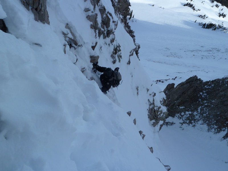 Steep snow on rotten rock right before we roped up for a short rock section.