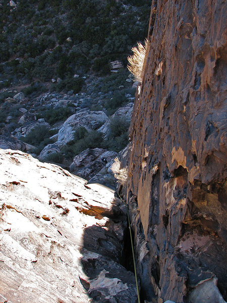 Looking down <em>Cookie Monster</em> from a belay position at approximately 180 feet.