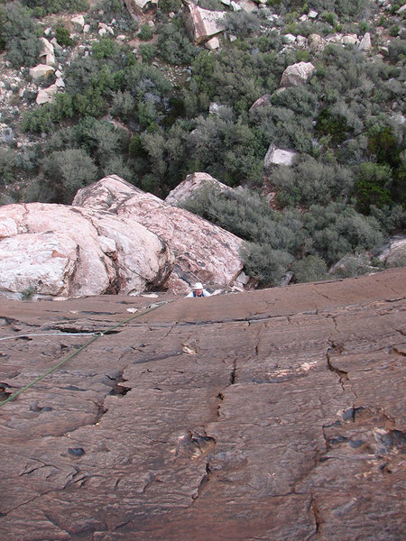 Approaching the roof about three quarters up pitch 1.