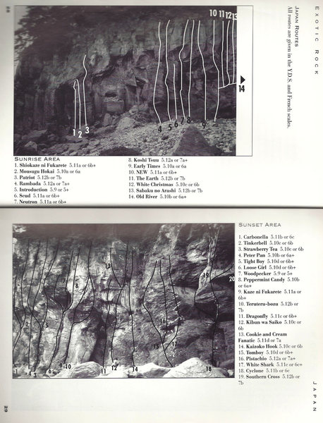 Jogasaki, Sunrise/Sunset Areas<br>
<br>
Topos provided by Sam Lightner Jr. from his book Exotic Rock. Thanks Sam for letting me post the info.