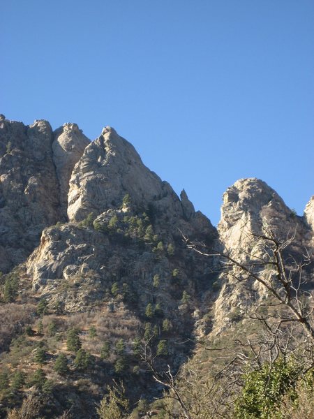 The Spire viewed from the Pine tree Trail (from the east). The Spike is clearly identifiable. Low Horn #6 is on the right.