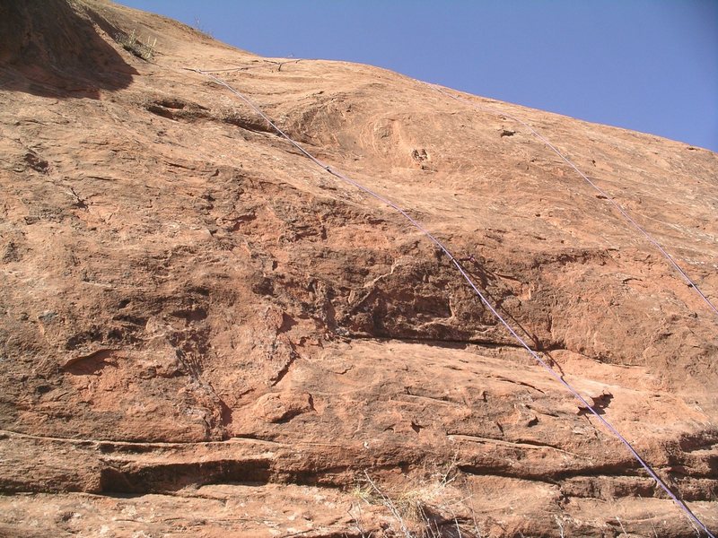 Not a great photo, but the rope on the left side leads up Big E. Continues up and then angles right near the top.