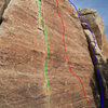 The three main routes at the top cliffband: Green=Fingers (5.7), Red=unnamed face climb (5.10-5.11?), and Blue=Chimney (5.7).