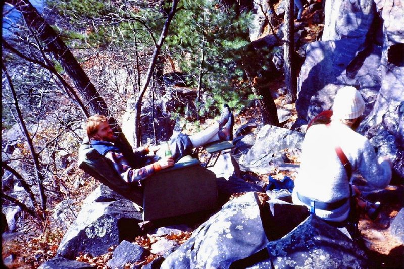 Best Belay Seat Ever at Devil's Lake.<br>
<br>
One day (early 80's)we carried a Lazy Boy recliner up to the East Bluffs. I was all for leaving it up there but much to our credit we carried it back down at the end of the day. That's Jeff Kane in the chair.