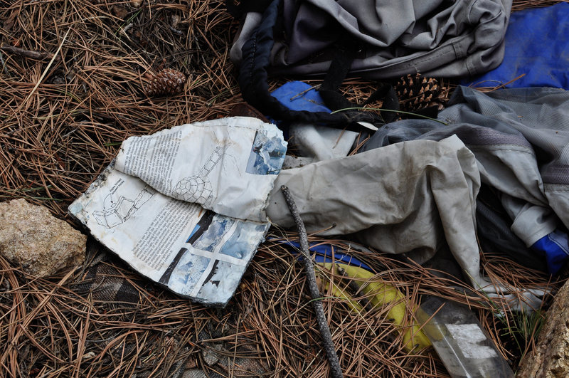 Depending on which way you hike in, you will likely pass a number of campsites used by transients, each one littered with a unique collection of ponderous objects. The former resident of this site may have had ambitions of building an igloo.