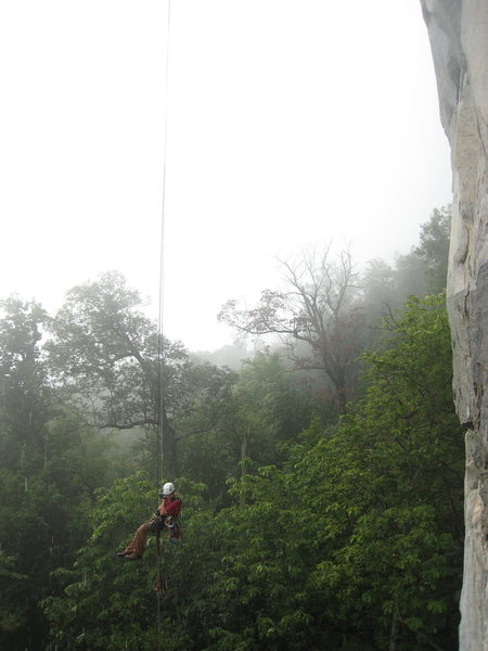 someone rapping off in the rain routes overhung for sure and that guys rope was like 10 feet short of the ground