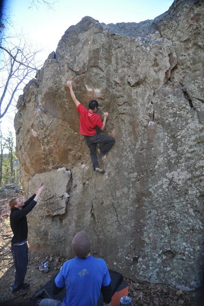 Evan at the crux of Center Spooge at Fountain Red, Arkansas