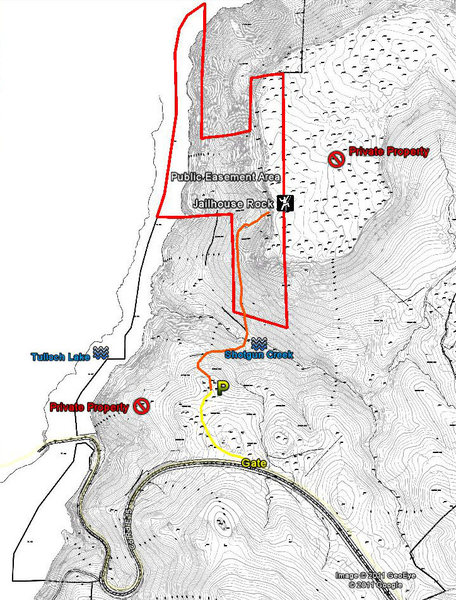 Map of 75-acre Conservation Easement area with boundaries shown in red and current access trail in yellow/orange as of 11/15/11. Please do not park outside the fenced parking area (your car will get chewed by curious horses!). Close ALL gates and stay on the road and trail to the Conservation Easement area. Public access is not allowed beyond the easement boundaries.
