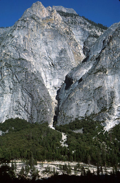 Here is a view few have or will see, looking up into the Gorge of Despair from the base of Tehipite Dome. The Cobra Turret is way up on the skyline.<br>
<br>
From the photographer's notes:<br>
<br>
"The Gorge of Despair photographed from the top of Silver Spray falls at the base of Tehipite Dome. Middle Fork of The Kings River, Sequoia/Kings Canyon NP, California, USA. July 1987. Kodachrome 64."<br>
<br>
Photo by Van Miller<br>
<br>