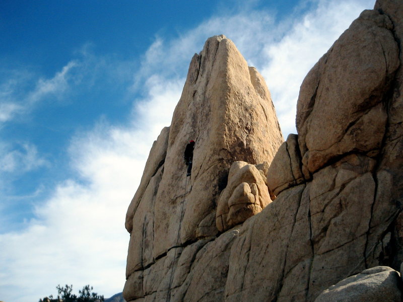 Unknown Climber hitting the crux upper section of Sail Away on a very cold day