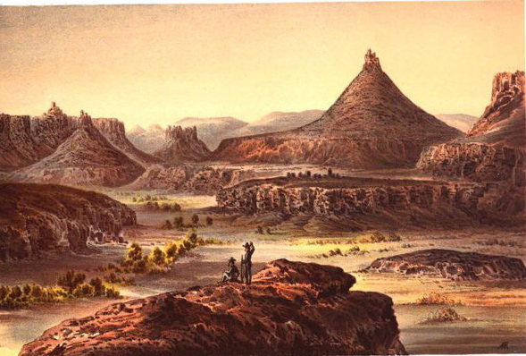 This painting was taken from engravings made during the 1859 Macomb Expedition, which attempted to locate the confluence of the Green and Colorado Rivers in the present-day Needles District of Canyonlands National Park. Anyone who has spent time in Indian Creek will recognize the features here.<br>
<br>
If you're interested, the survey's official report, as well as more landscape paintings like this one, are available in full on google books.<br>
<br>
http://books.google.com/books?id=674QAAAAIAAJ&printsec=frontcover&dq=macomb+expedition&hl=en&sa=X&ei=DvEeT9KcFvC40gHIuukH&ved=0CDkQ6AEwAg#v=onepage&q=macomb%20expedition&f=false