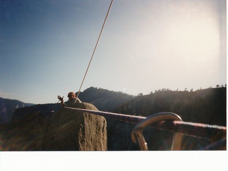 Crossing the Tyrolean traverse. Sean and I climbed this when most of the bolts were ripped out or damaged. He led the last pitch cinch tying broken bolts and a cam placement to this day I am not sure how it held. After this, Sean didn't feel like taking pictures.