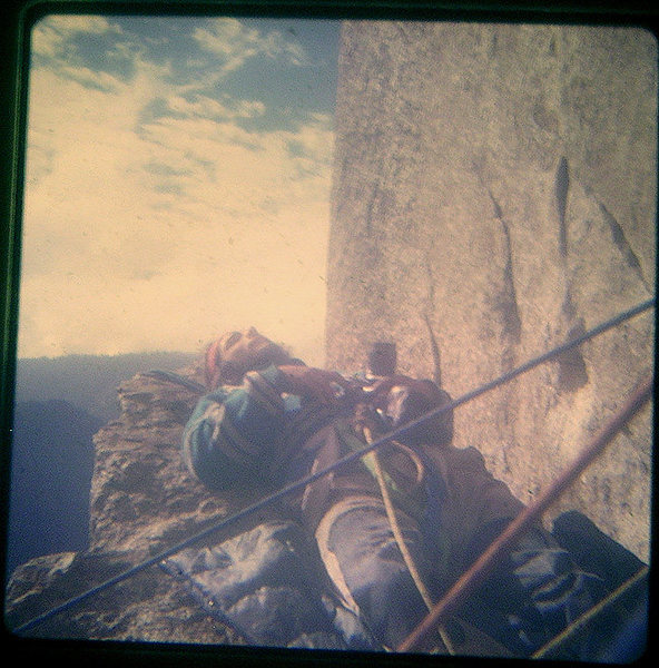 <br>
<br>
FA Mescalito 1973, Steve Sutton on top of the Bismark waiting (or sleeping) for a good picture of Charlie & Hugh climbing above.<br>
<br>
