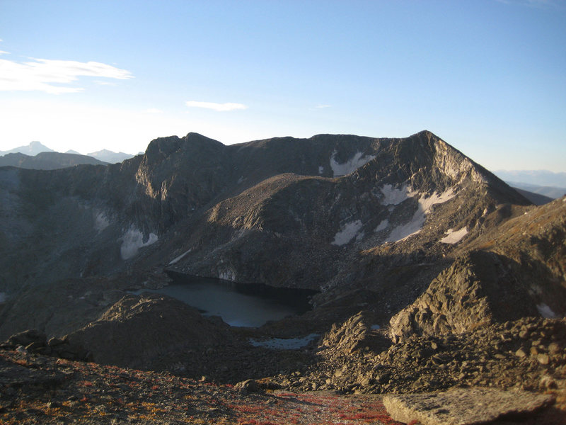 Cracktop, Chief Cheley, and Azure Lake from the saddle near Mount Ida. Highest Lake is barely visible.