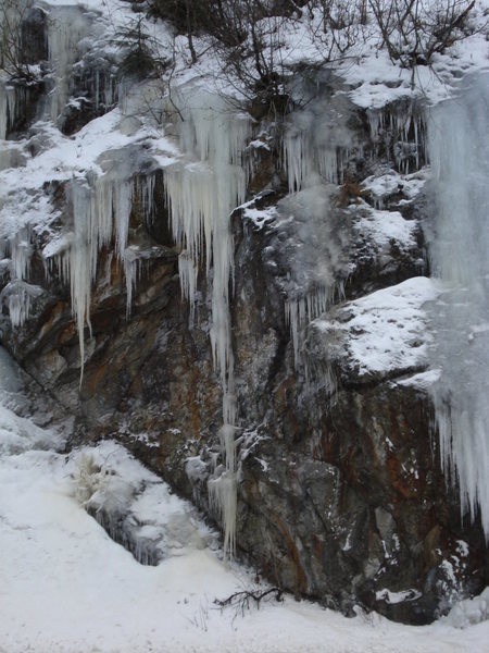 The thin yellowish one in the center is Snotcicle. (This picture is a little misleading without a person on it, but it is about 35' or 40' tall)