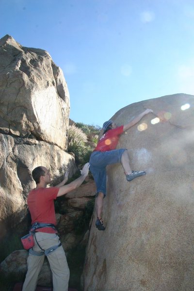 Making the crux reach up to better holds on Pink Bug, V7