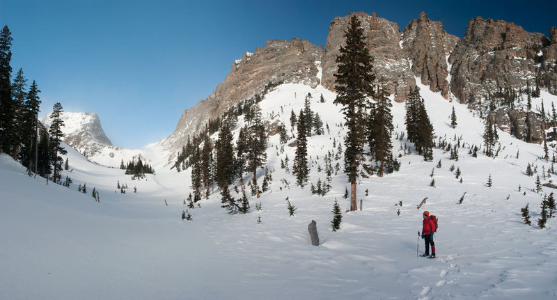 Panorama view from Andrews Creek looking up at Wham Couloir.