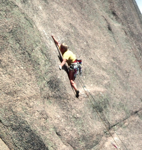 Noel Childs near the crux of Mister Mantle on Block Tower. Photo: Olaf Mitchell.