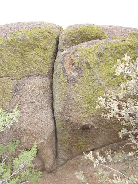 The prominent hand crack (~10 feet tall) in the center of the long, shaded wall that faces the three gun spring trail.