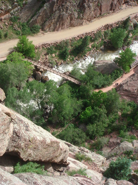 South Boulder Creek and climbers' bridge from the Wind Tower, Eldorado Canyon.
