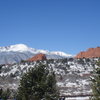 Pikes Peak and sandstone from the visitor's center, Garden of the Gods.