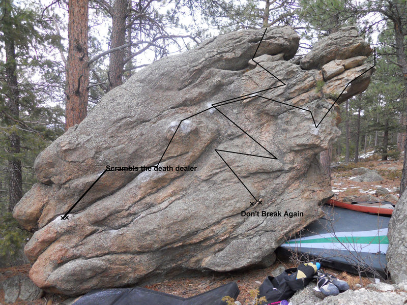 This is the first ascent on the Aris Lounge Boulder, and the 2 problems are Scrambles the Death Dealer, which is a V2, and Don't Break Again, which is a V3.