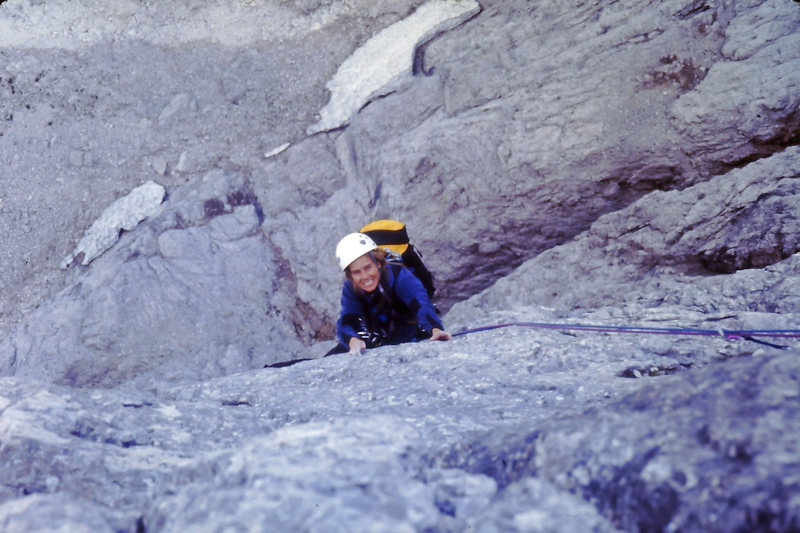 Climbing near the top of the NW Buttress of Lastoni di Formin